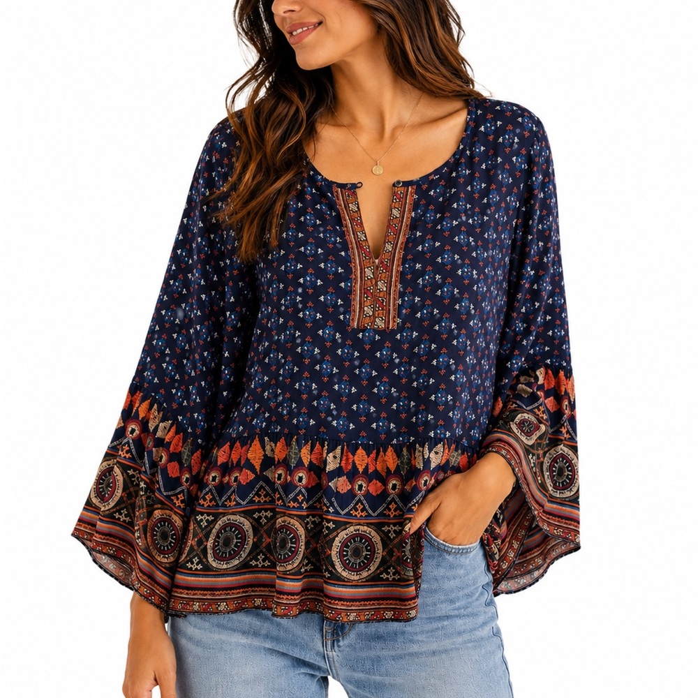Joie 100% Silk Paisley Blouse M 3/4 Flared Sleeve Gray Tunic Relaxed Lined Top
